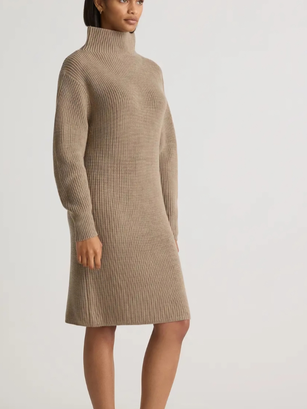 Quince  Australian merino wool, Relaxed Turtleneck Midi Dress in Taupe Large